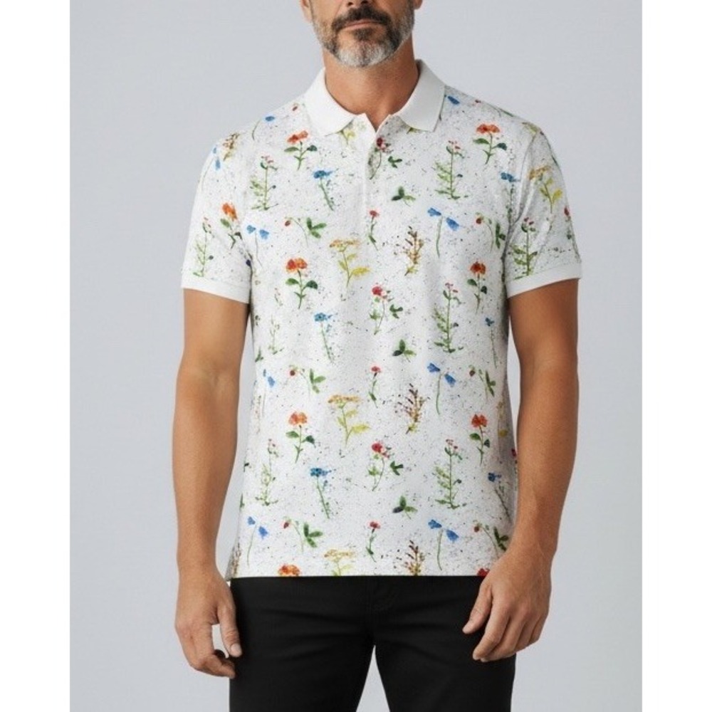 LRG Lifted Research Group Polo Shirt Men's XL White Floral Wildflower Print
